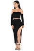 Black Plain 2-in-1 Boat Neck Sexy Nylon Midi Dress